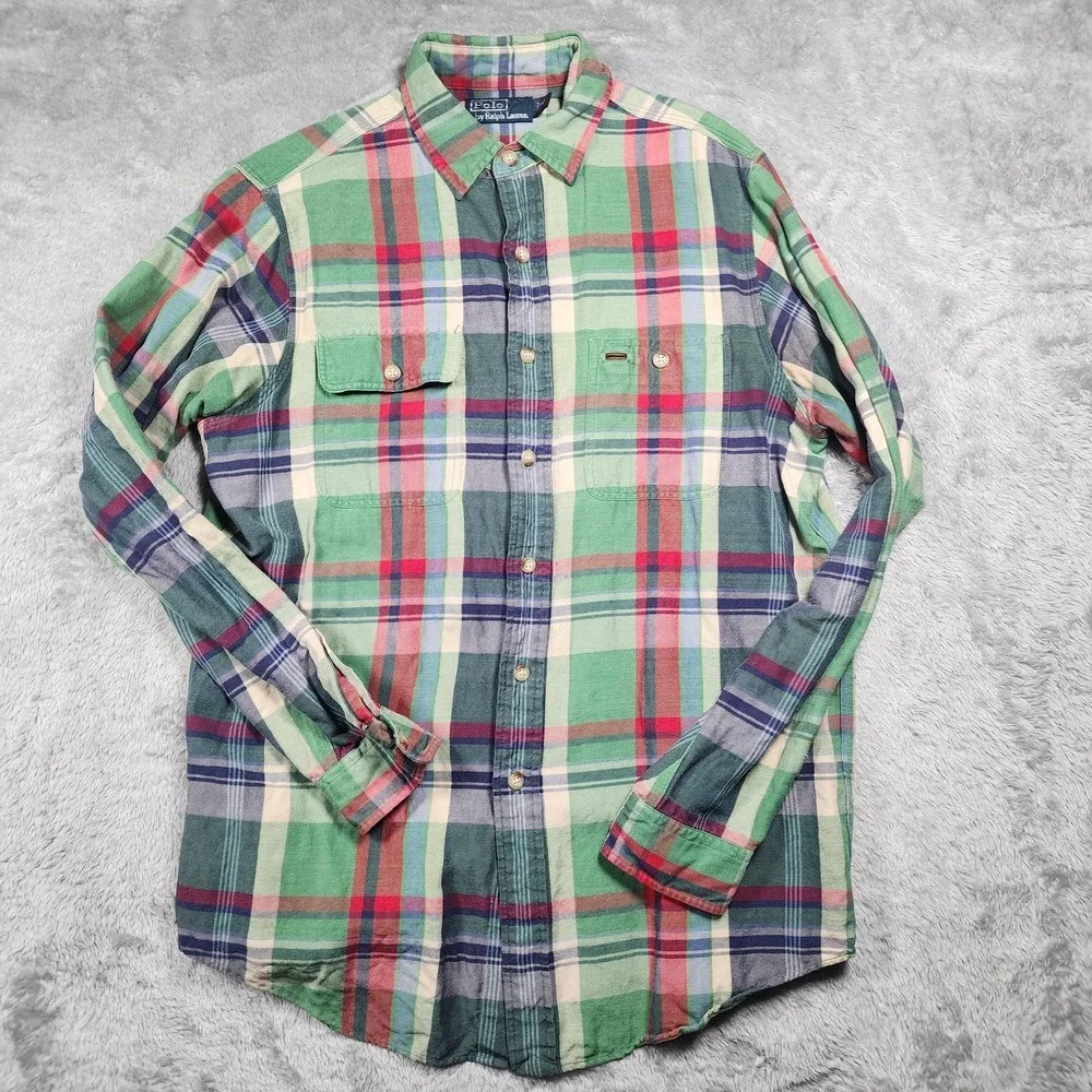Polo Ralph Lauren Shirt Mens Medium Green Red Madras Plaid Button Down‎ Casual